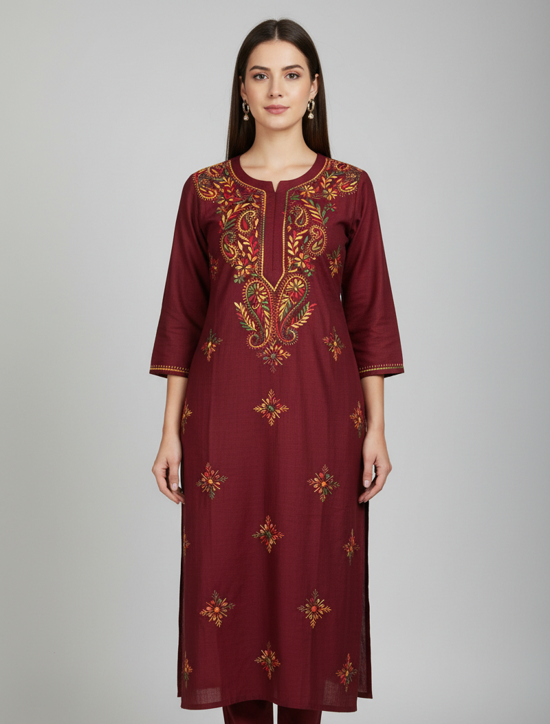 Maroon Khadi Cotton Kurti with Heavy Multi-Color Lucknowi Chikankari Style Embroidery