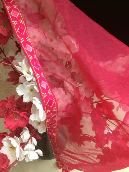 Rani Pink Organza Dupatta with Gold Embroidered Border