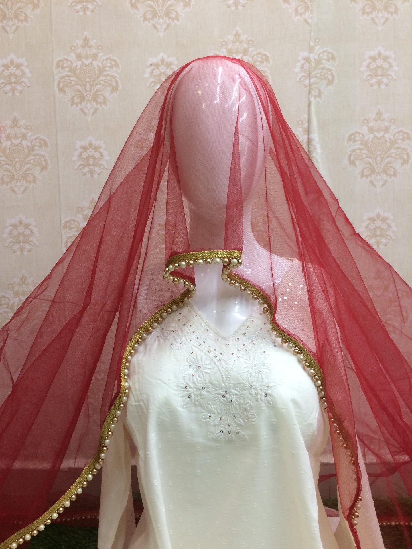 Bridal Maroon Dupatta with Moti Lace