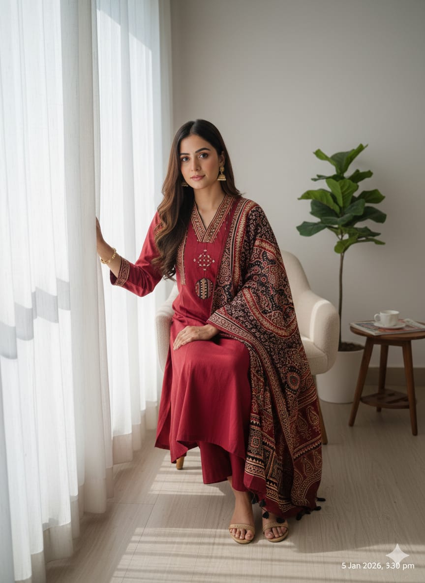 Luna Ajrakh print red 3 pcs set cotton v neck