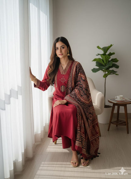 Luna Ajrakh print red 3 pcs set cotton v neck