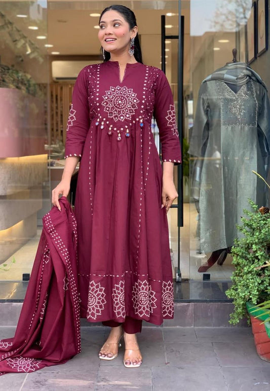 Deep Wine Bandhani Print Anarkali Set with Mirror Work