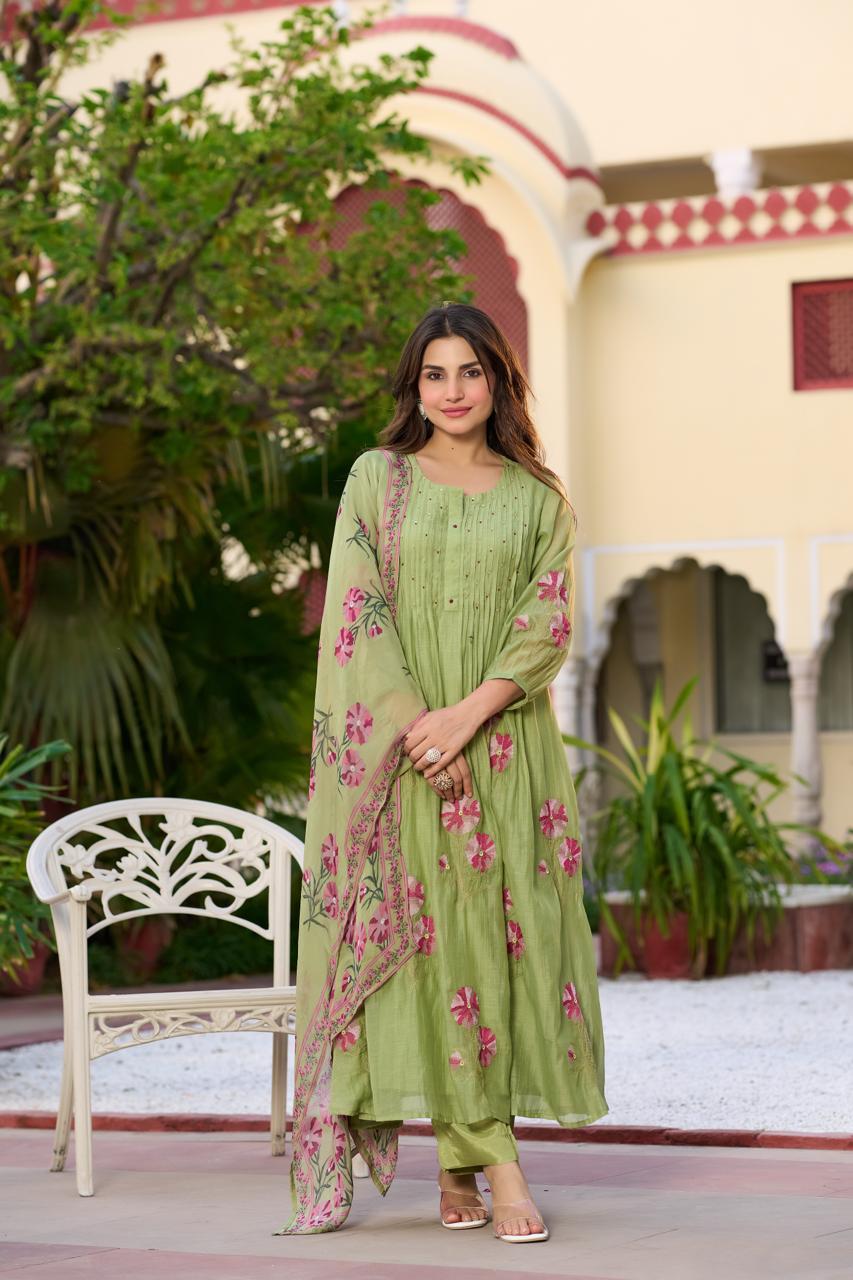 Taslim Sage Green Floral Anarkali Set