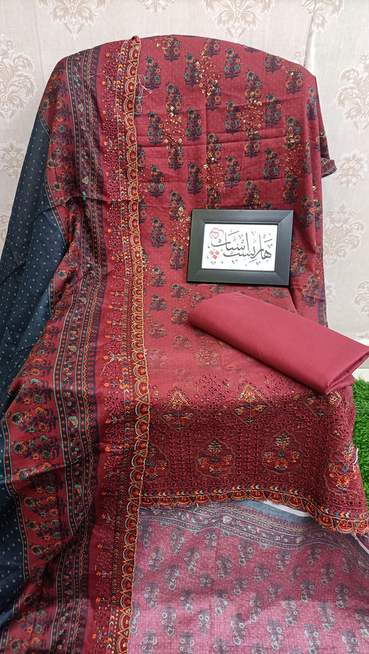 Binsaeed Maroon Embroidered Cotton 3-Piece Unstitched Suit with Printed Dupatta
