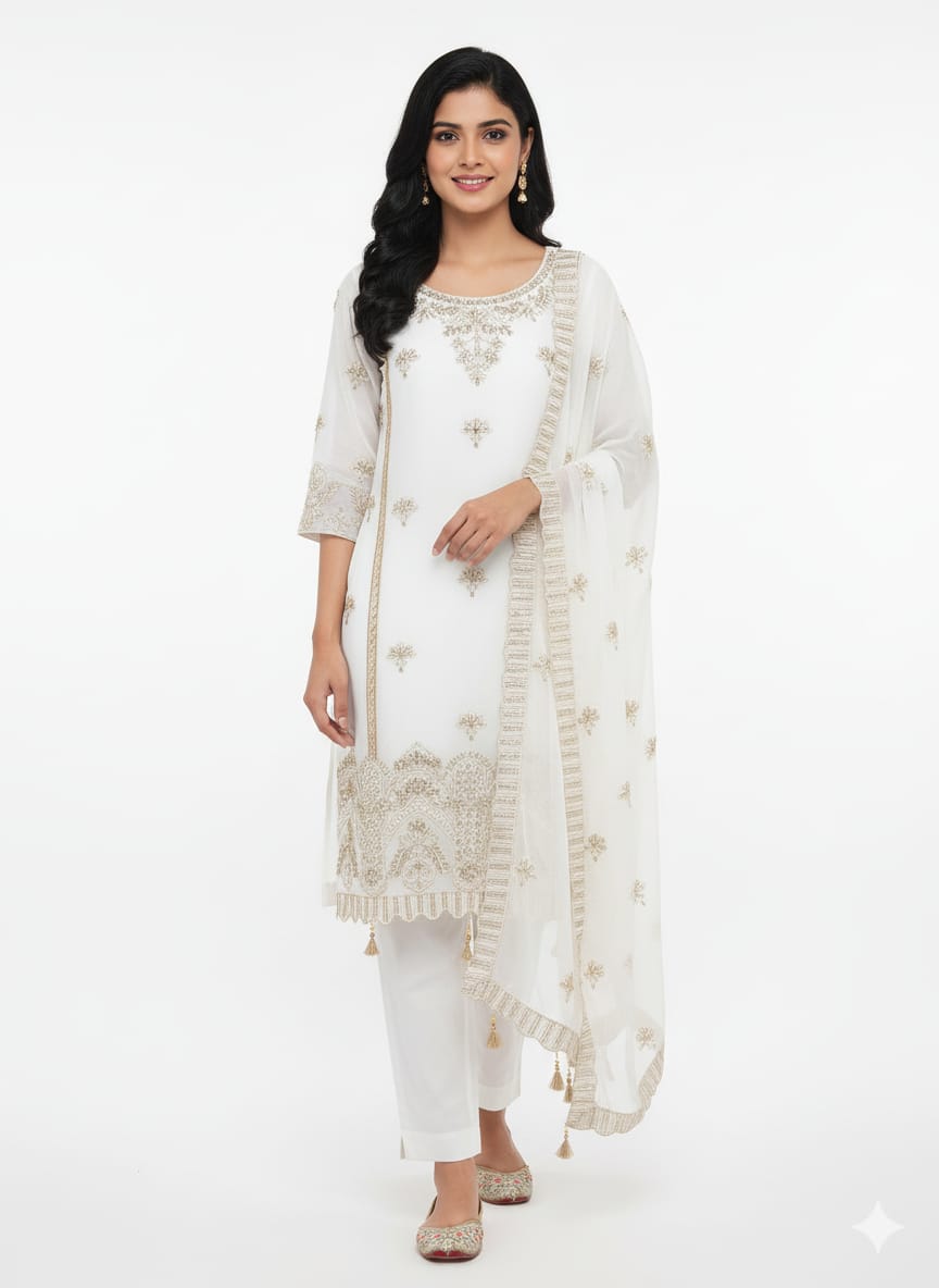 Elegant White Heavily Embroidered Chiffon Pakistani dress
