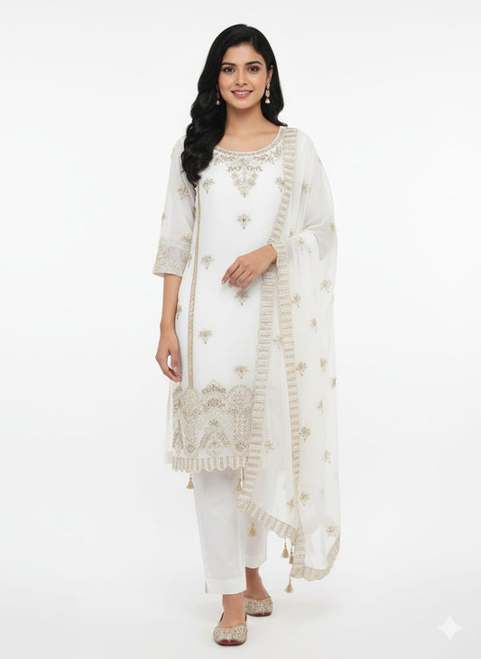 Elegant White Heavily Embroidered Chiffon Pakistani dress