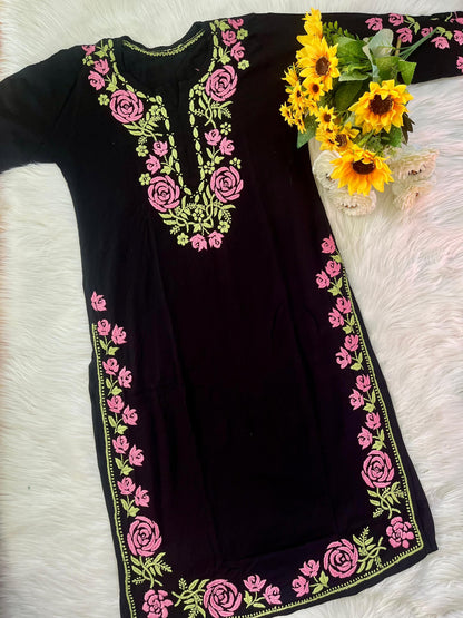 Kashmiri Aari Work Black Reyon Kurti - Elegant Floral Embroidery