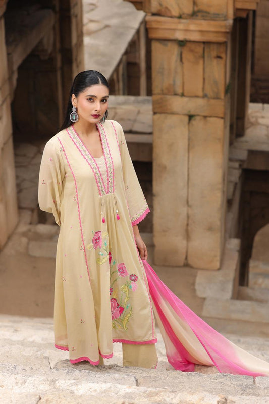 Ivory Floral Embroidered Kurta Set with Pink Dupatta