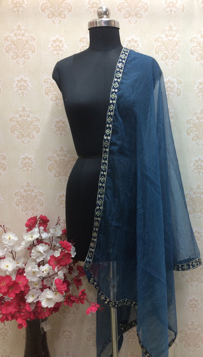 Elegant Teal Organza Dupatta with Gold and Sequin