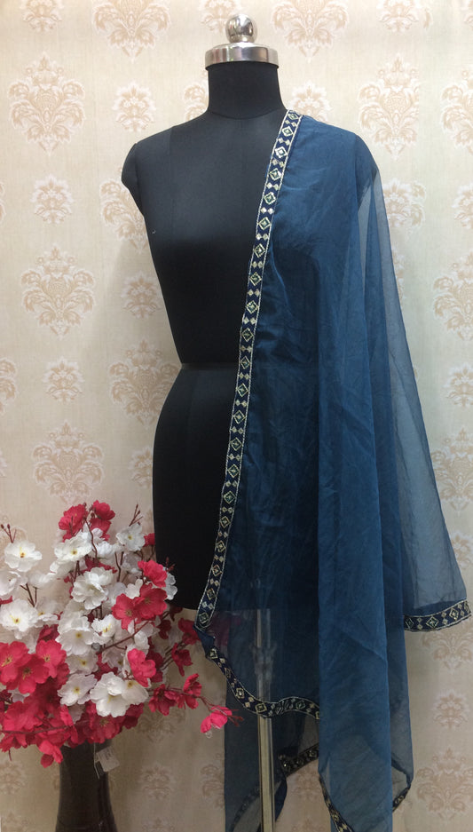 Elegant Teal Organza Dupatta with Gold and Sequin