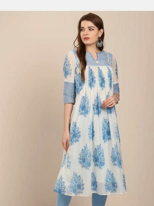 W Blue floral printed A-line kurti