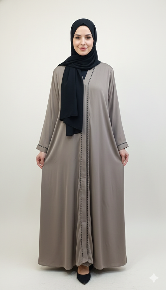 Minimalist Taupe Open Abaya with Intricate Stitch Detailing