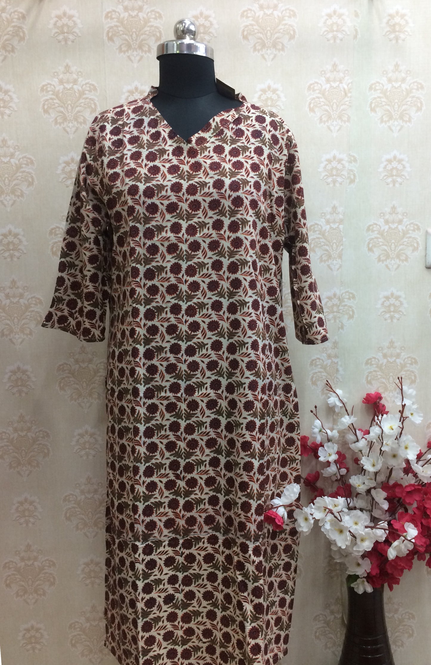 Maroon & Olive Floral Printed Cotton Kurti