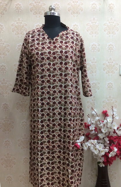 Maroon & Olive Floral Printed Cotton Kurti