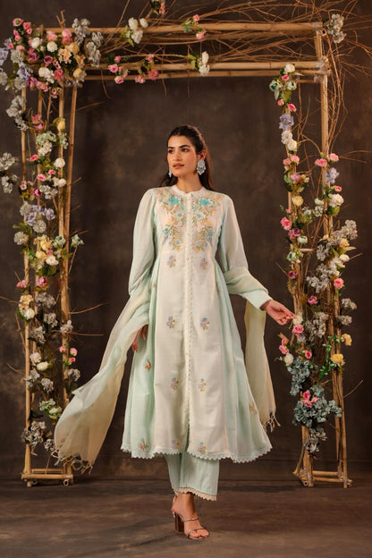 Sea Green Embroidered Front-Slit Anarkali Set