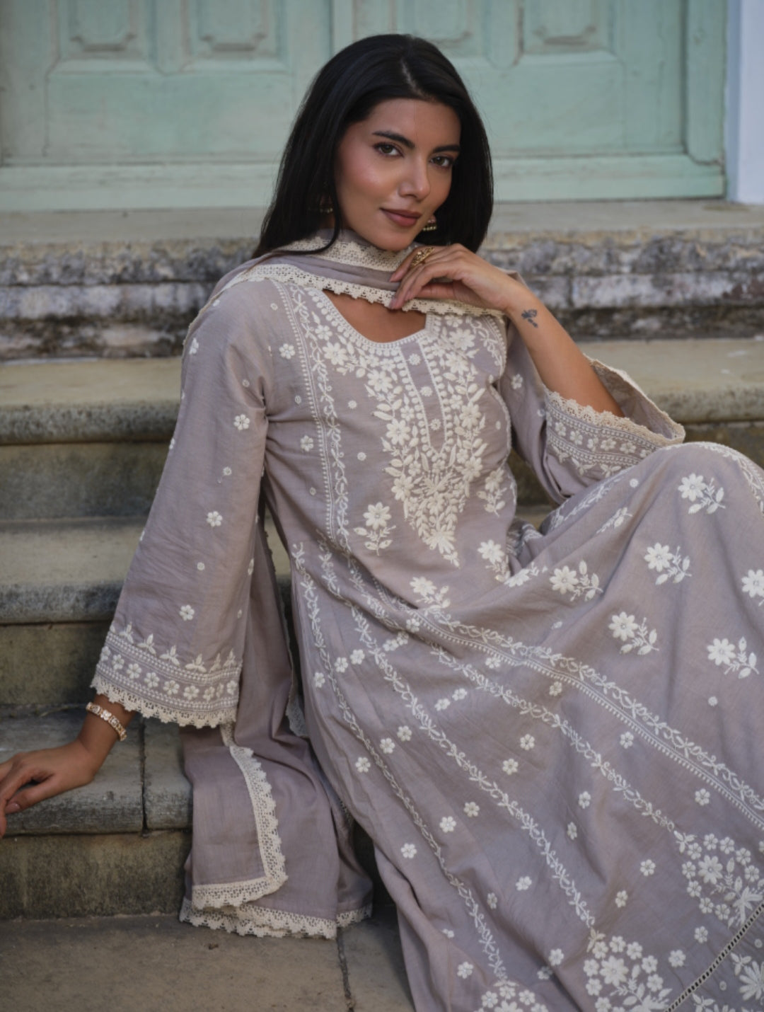 Sheena Mauve Mist Hand-Embroidered Chikankari Anarkali Set