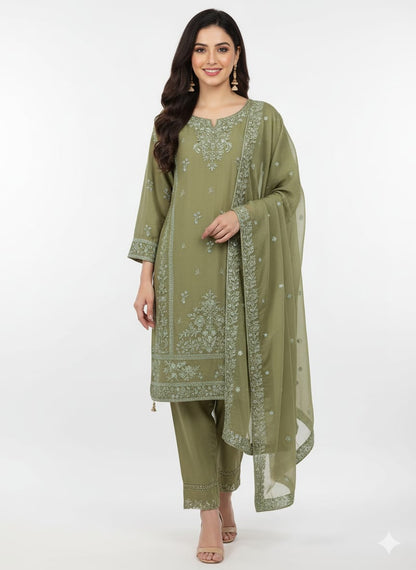Elegant Olive Green Chiffon Salwar Kameez Suit with Tone-on-Tone Chikankari Style Embroidery - Ready to Wear dress