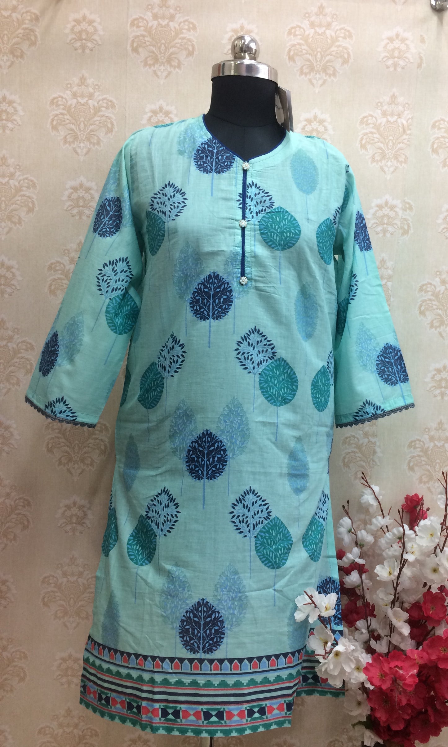 Mint Blue Cotton Printed Short Kurti with Tree Motif & Border Hem