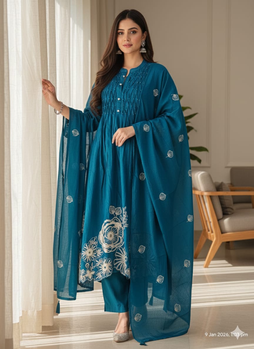 Teal blue anarkali suit set with dupatta