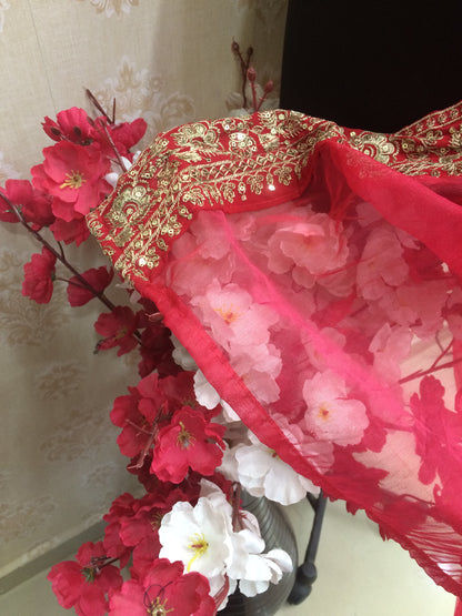 Bridal Red Organza Dupatta with Heavy Gold Zari and Sequin Work