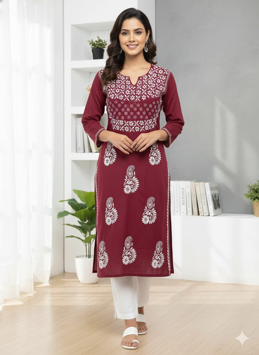 Maroon machine work lucknowi kurti