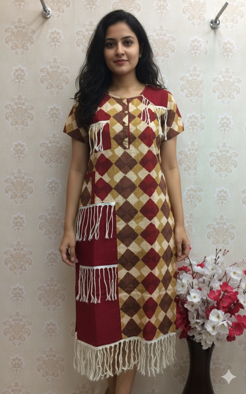 Maroon & Brown Argyle Print Cotton Kurti with Tassel Detailing