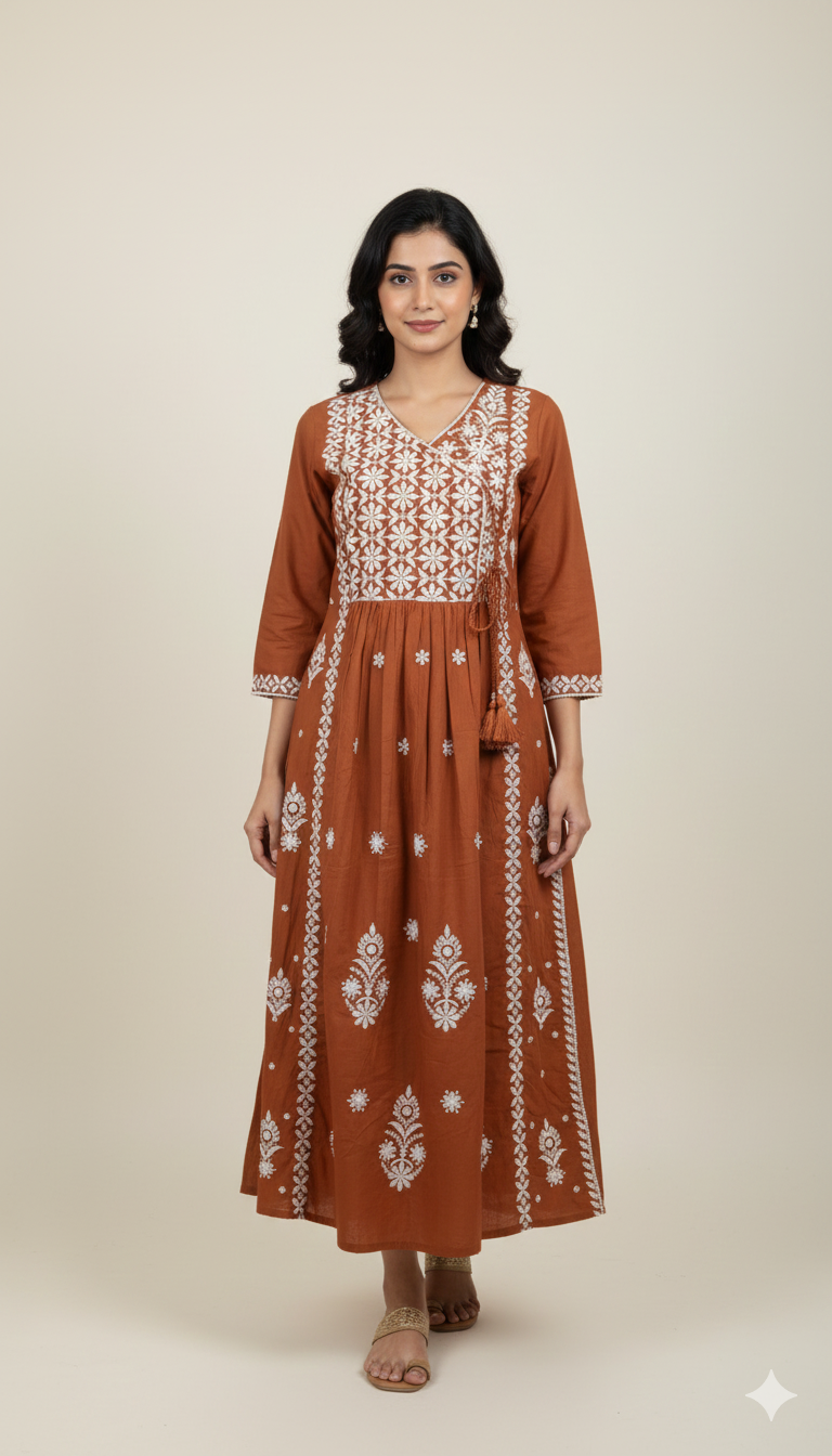 Earthy Rust Anarkali Set with Floral Embroidery