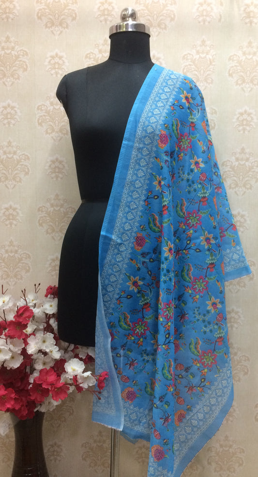 Vibrant Blue Floral Printed cotton Dupatta with White Border