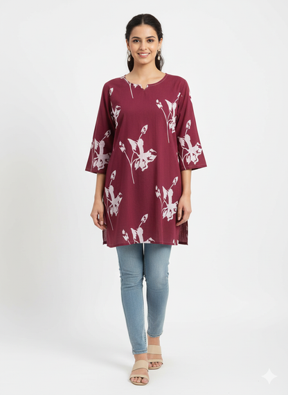 Maroon & White Floral Print Cotton Short Kurti/Tunic