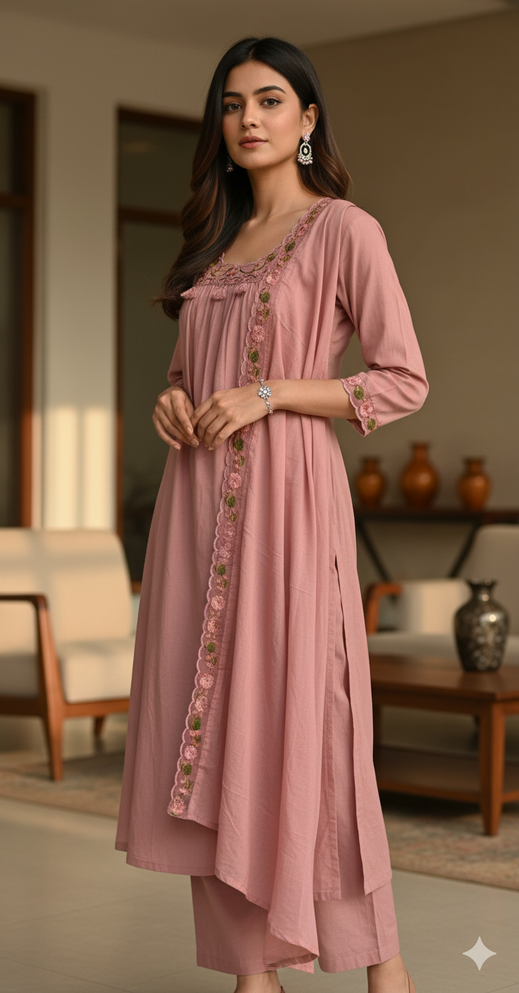 Mauve Embroidered Cotton Kurta Set with Dupatta