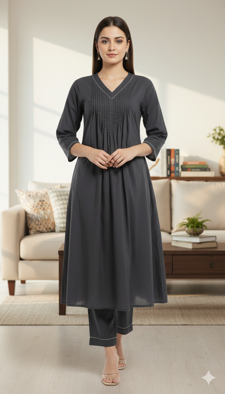 Classic Black Pintuck Kurta Set – 2-Piece (Rayon)