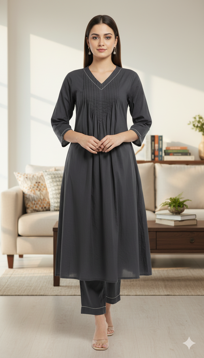 Classic Black Pintuck Kurta Set – 2-Piece (Rayon)