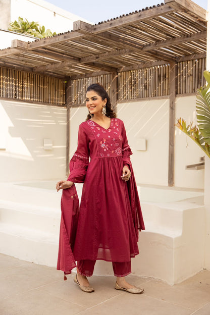 Deep wine embroidered anarkali set