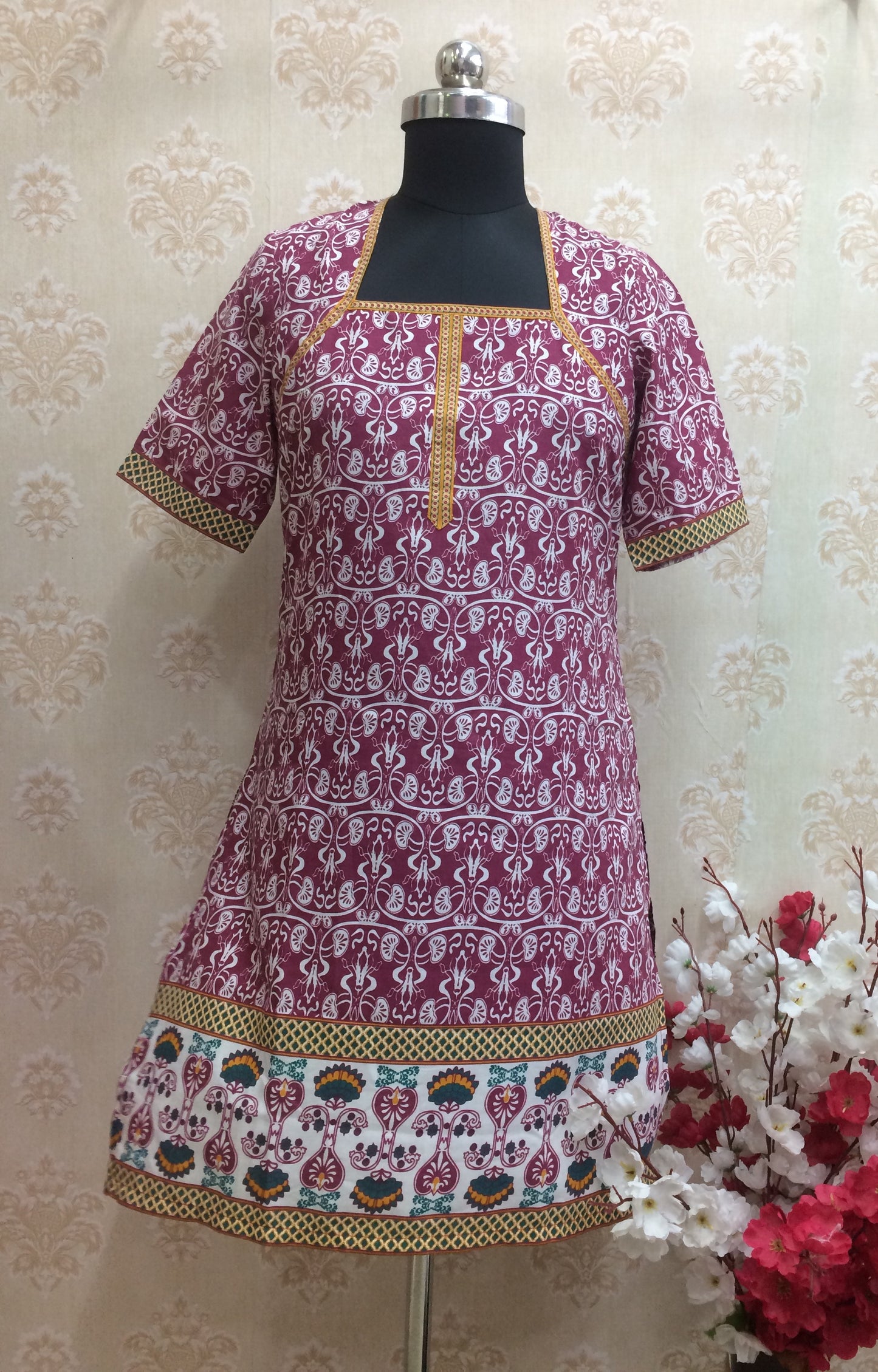 Maroon & White Printed Cotton Kurti with Border Detail