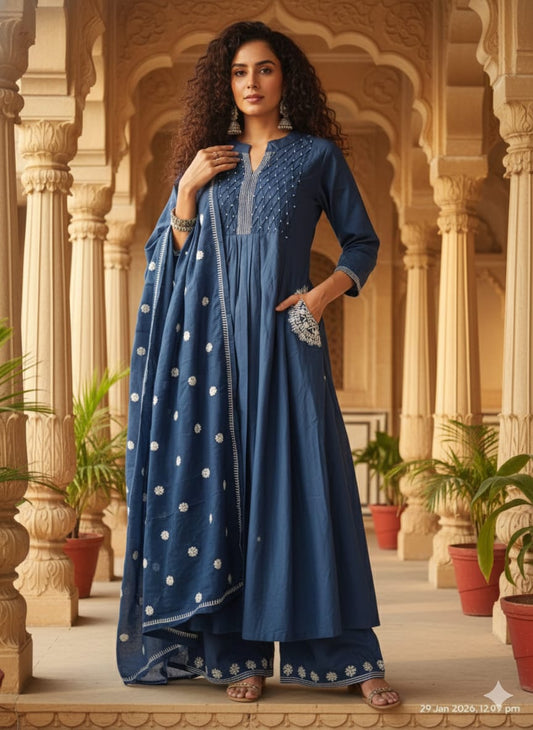 Ethereal Indigo Embroidered Anarkali Set with Palazzo & Dupatta