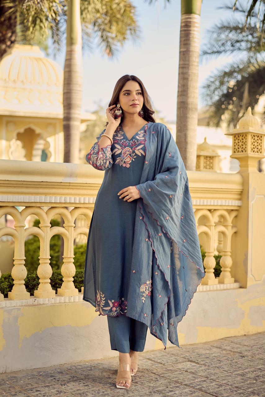 Saniya Blue Embroidered Chanderi Silk Suit Set