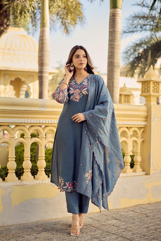 Saniya Blue Embroidered Chanderi Silk Suit Set