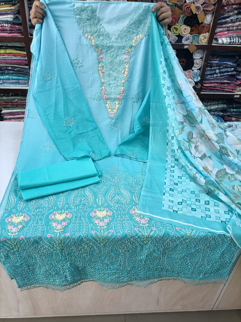 Chikankari Unstitched Suit Set with Floral Digital Print Dupatta