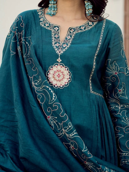 Firdous Chanderi Teal anarkali set