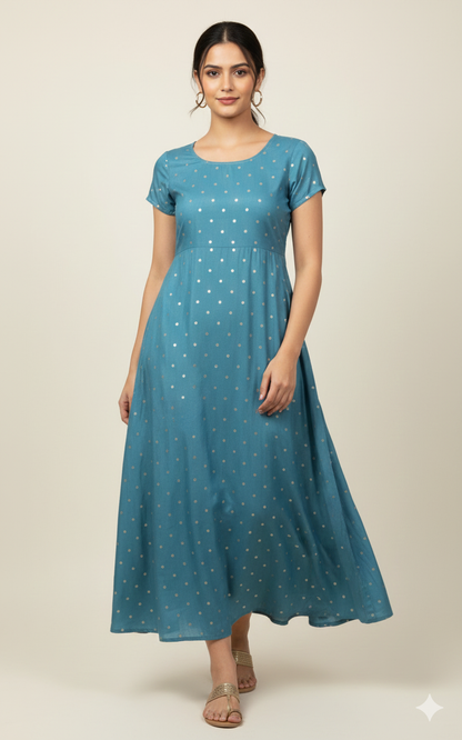 Teal Blue Art Silk Anarkali Kurti with Scattered Gold Foil Dots