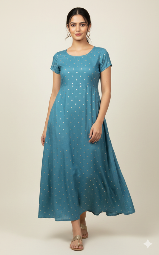 Teal Blue Art Silk Anarkali Kurti with Scattered Gold Foil Dots