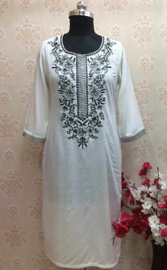 Elegant White Cotton Kurti with Black Floral & Thread Embroidery