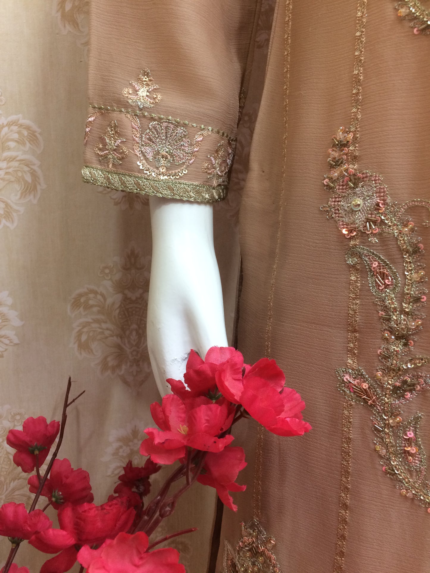 Elegant Nude Beige Embroidered Chiffon Salwar Kameez Suit with Heavy Neckline Work