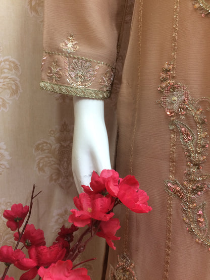 Elegant Nude Beige Embroidered Chiffon Salwar Kameez Suit with Heavy Neckline Work