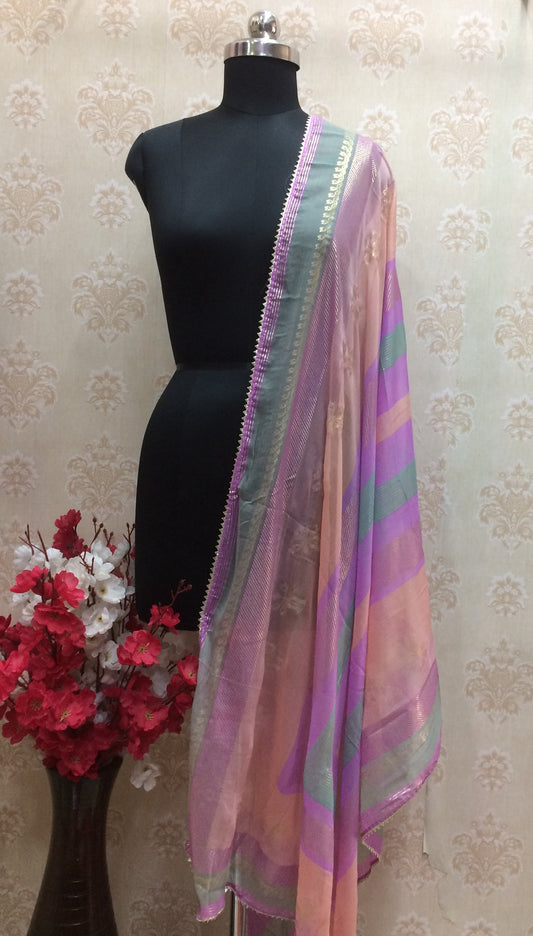 Peach and purple chiffon dupatta with silver lace
