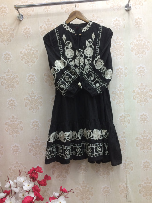 Black & White Embroidered Tiered Cotton Tunic