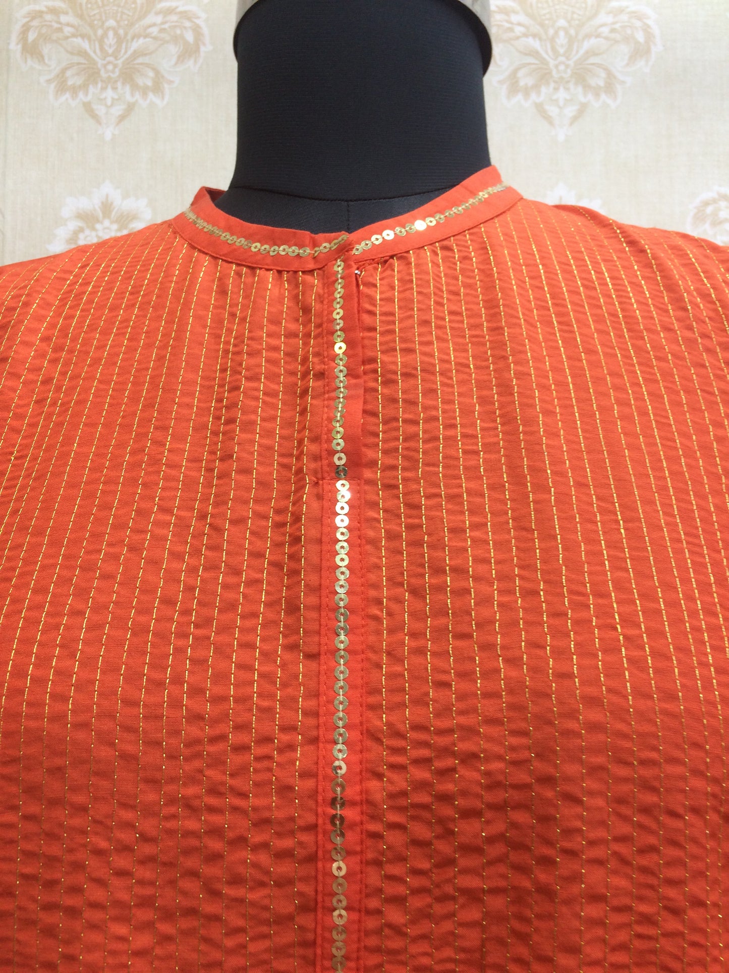 Elegant Orange Cotton Straight-Cut Kurti with Yoke Embroidery