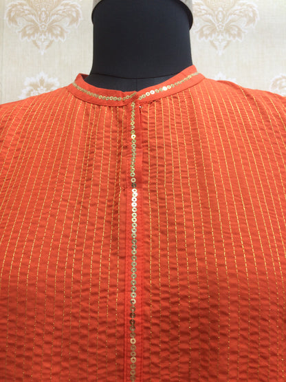 Elegant Orange Cotton Straight-Cut Kurti with Yoke Embroidery