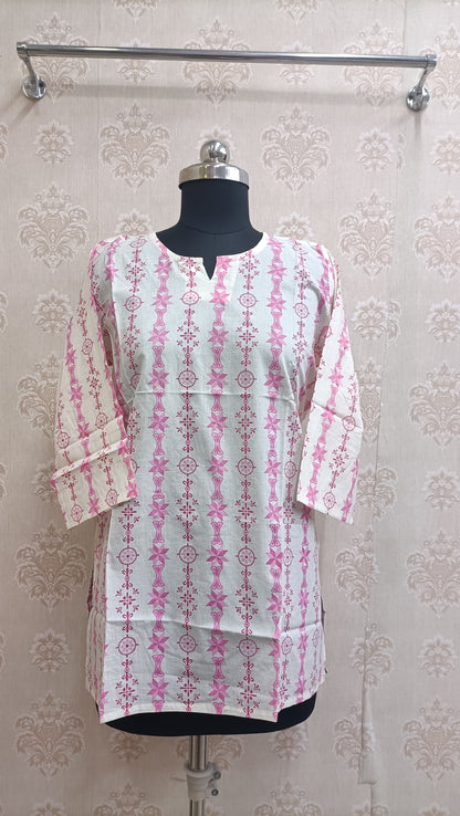 pink and white printed cotton kurti