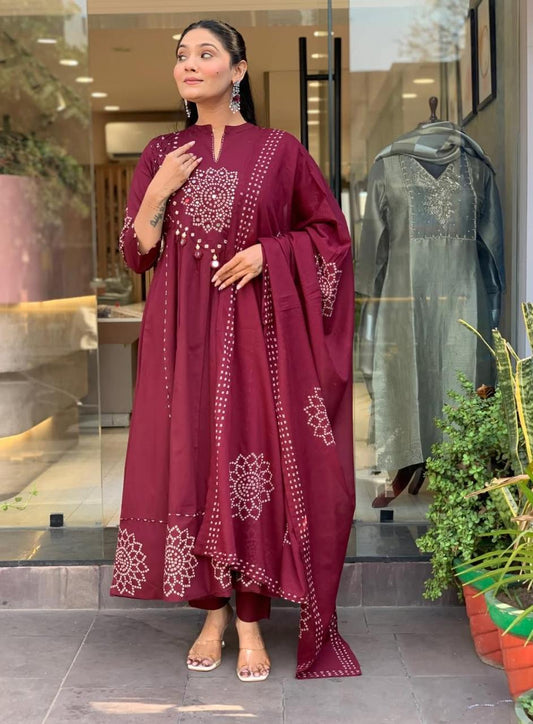 Royal Wine Bandhani Print Anarkali Set Mirror Work